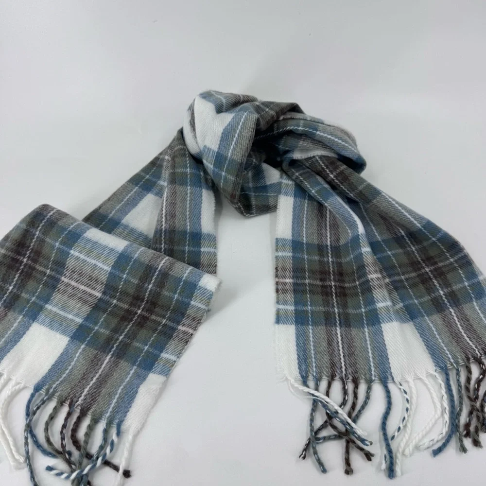 James Pringle‎ Weavers Blue and Gray Tartan Scarf with Fringed Ends